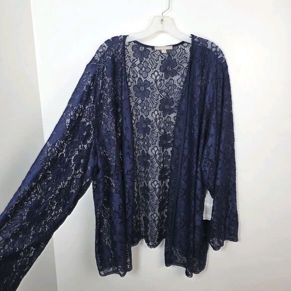 Woman Within Sweaters - Woman Within Blue Floral Lace Stretchy Elegant Feminine Cardigan Size 32W